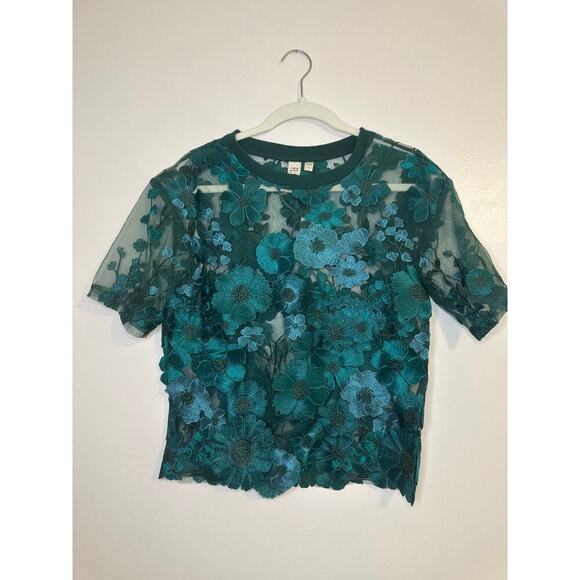 NWT Anthropologie Dolan Coast Flower Appliqué Sheer Green Romantic Tee Small - Picture 4 of 10